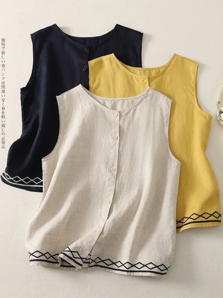 Artistic Embroidered round Neck Linen Sleeveless Shirt Women Summer Front Back Two Wear Slimming Cotton Linen Open Cardigan T...