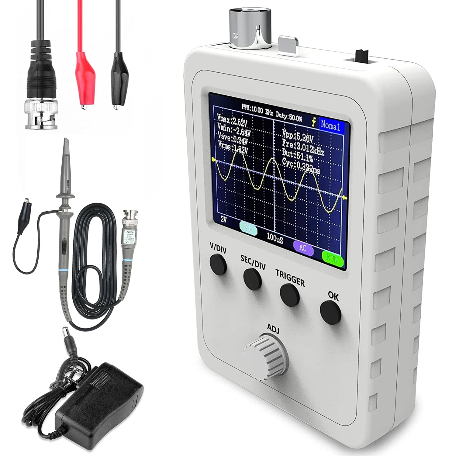 FNIRSI 2.4” TFT Handheld Digital Oscilloscope Kit 0-200KHz Bandwidth 1M Sampling Rate with BNC-Clip Cable Probe and Power Supply