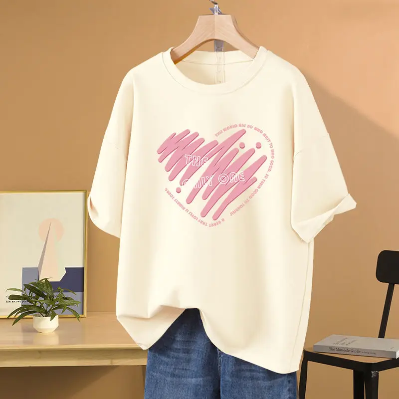 

Women's Chic Love Printed T-shirt Summer O-neck Short Sleeve Pure Cotton Loose Casual Tops Lady Basic Pullover