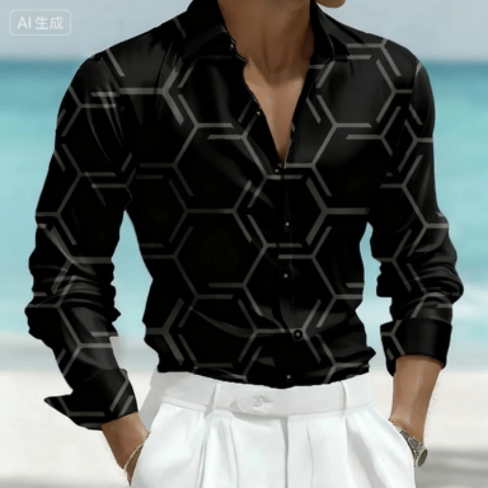 

Men's Geometric Print Long Sleeve Lapel Shirt Comfortable Fabric for Business Commuting And Daily Social Leisure