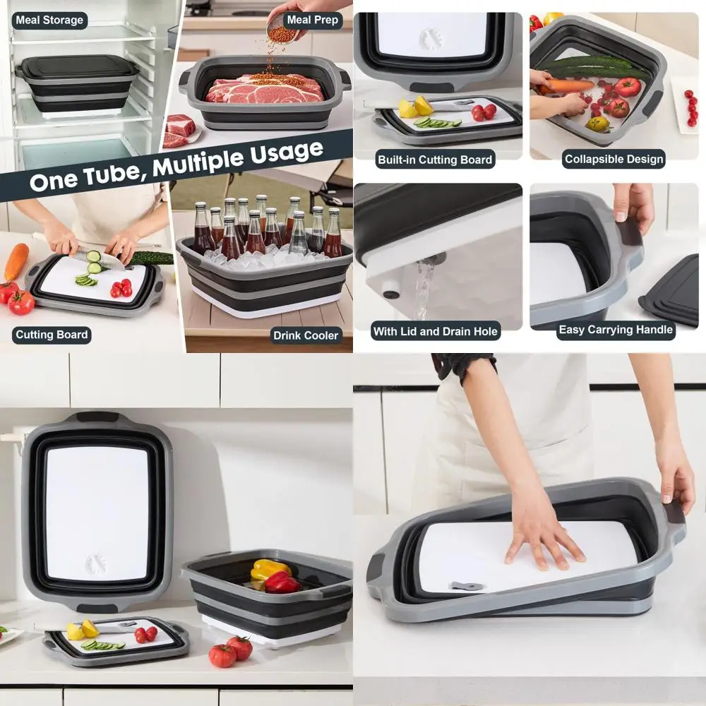 

Collapsible 3-Piece BBQ Prep Tub Set with Lids & Cutting Boards - Meal Prep, Marinating, Storage, & Washing - Ideal for Picnics