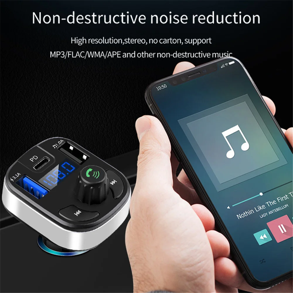Car Bluetooth 5.0 FM Transmitter Dual USB PD Type C Fast Charge Car Charger Bluetooth Microphone Handsfree Kit Car FM Modulator