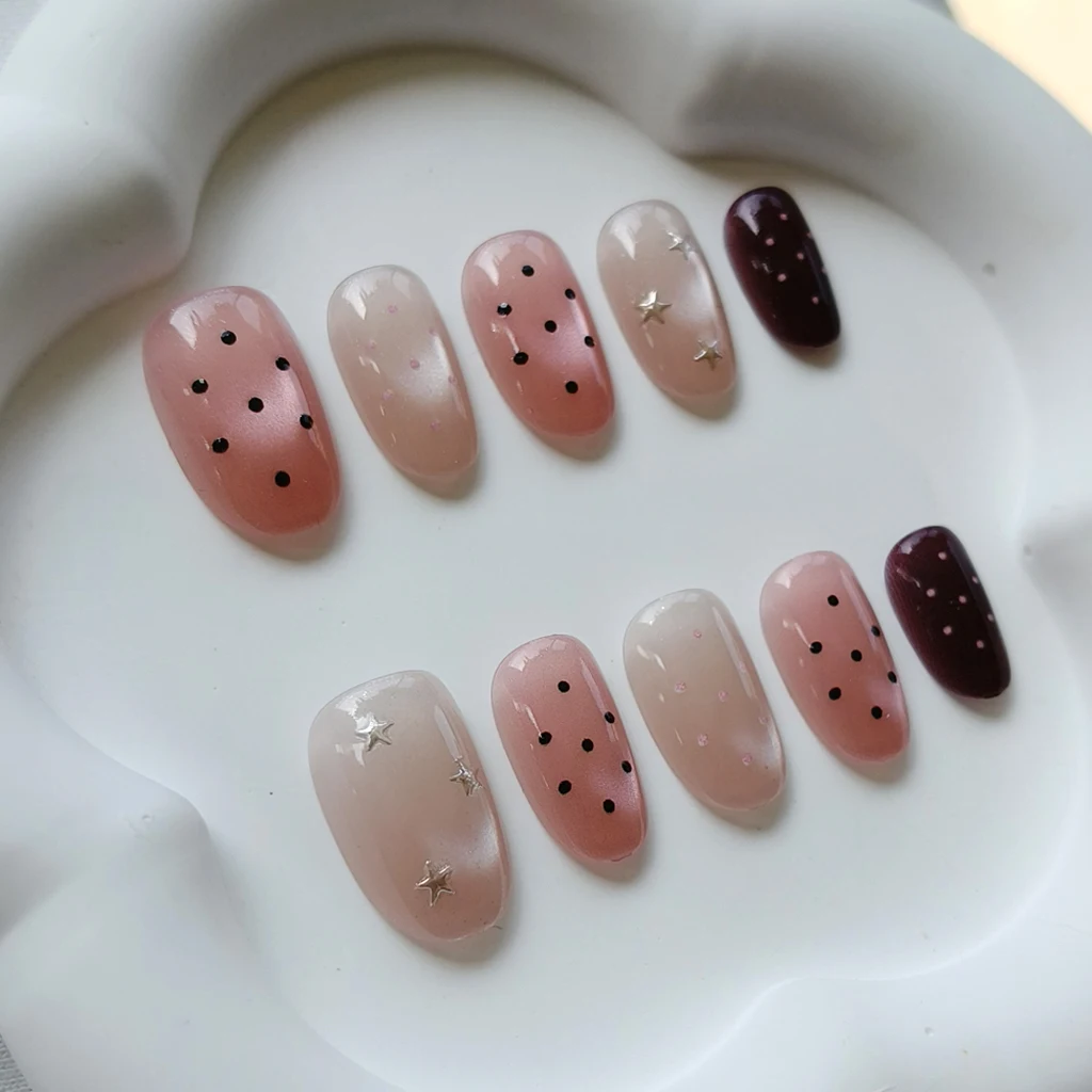 10 Stück Süße Niedliche Vergoldete Polka Dot Sterne Kurze Mandel Wiederverwendbare Nagelkunst Französischer Stil Katzenaugen-Nagelaufkleber Aufklebnägel – Detail 5