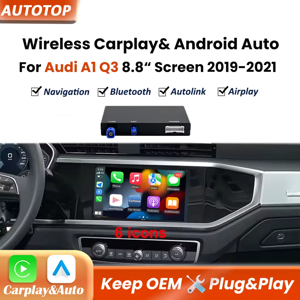 Decoder Wireless CarPlay Android Auto Mirror Link per Audi A1 Q3 con schermo da 8,8” 2019 2020 2021 Modulo di interfaccia BT GPS AUX