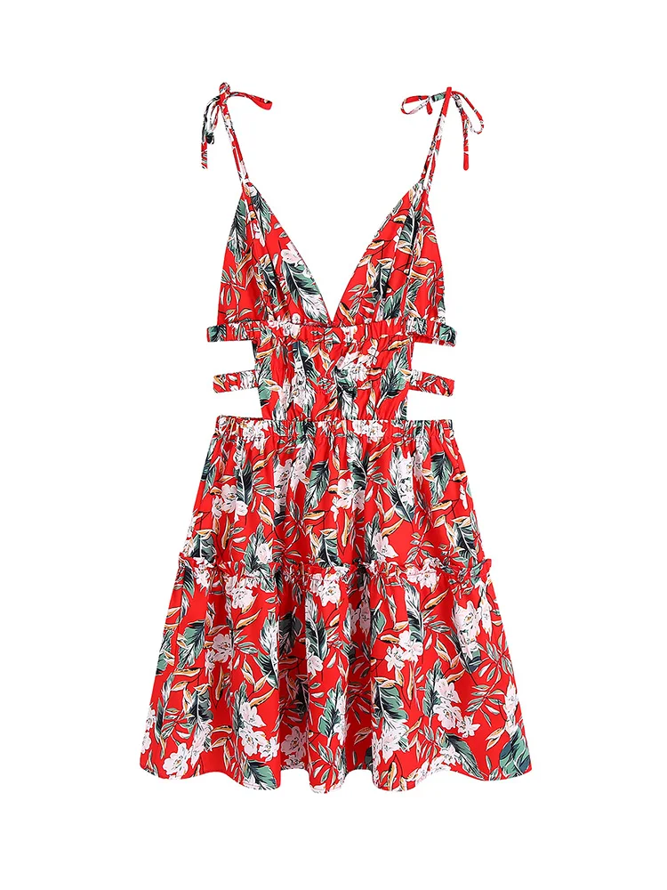 Summer Beach Dress Women 2022 Vacation Frill Trim Floral Print Dress V Neck Sleeveless Tie Strap Waist Cut Out Sexy Mini Dress