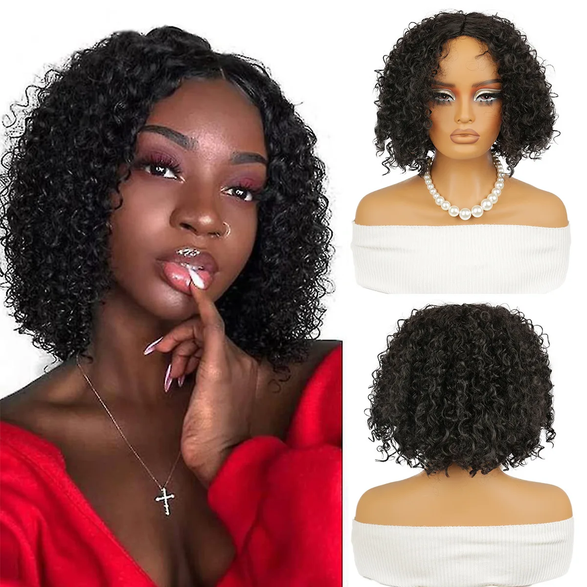 

Хит продаж, черный маленький вьющийся парик, женский взрывной головной убор, пушистый черный химический волокно, короткие вьющиеся волосы, полный чехол на голову