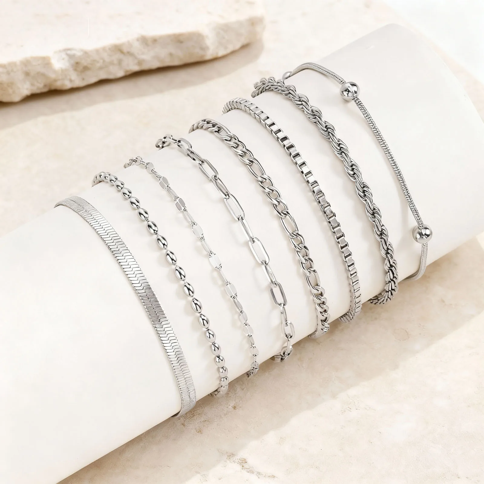 Waterproof Silver Color Bracelets for Women, Stackable Bracelet Stainless Steel, Thin Chain Bracelets Layered Jewelry