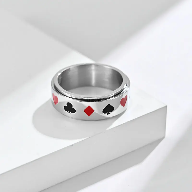 Stainless Steel Spade Rotatable Ring with Red Peach Plum Blossom Square Poker Card Pattern for Men Women