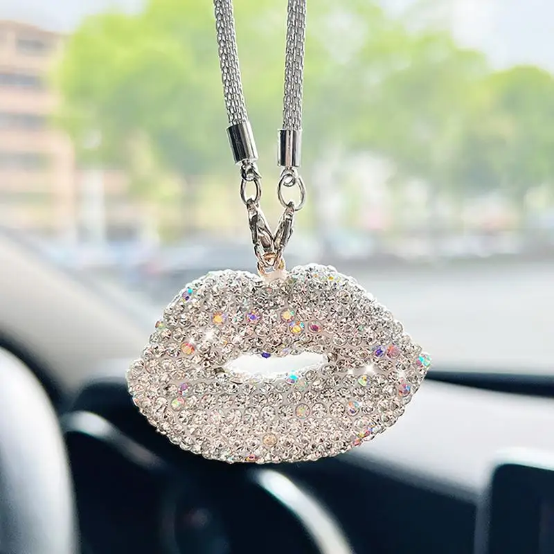 Bling Lip Rear View Mirror Bling Mirror Pendant Sparkling Metal Lips Ornament Shiny Car Interior Decoration Rear View Ornament