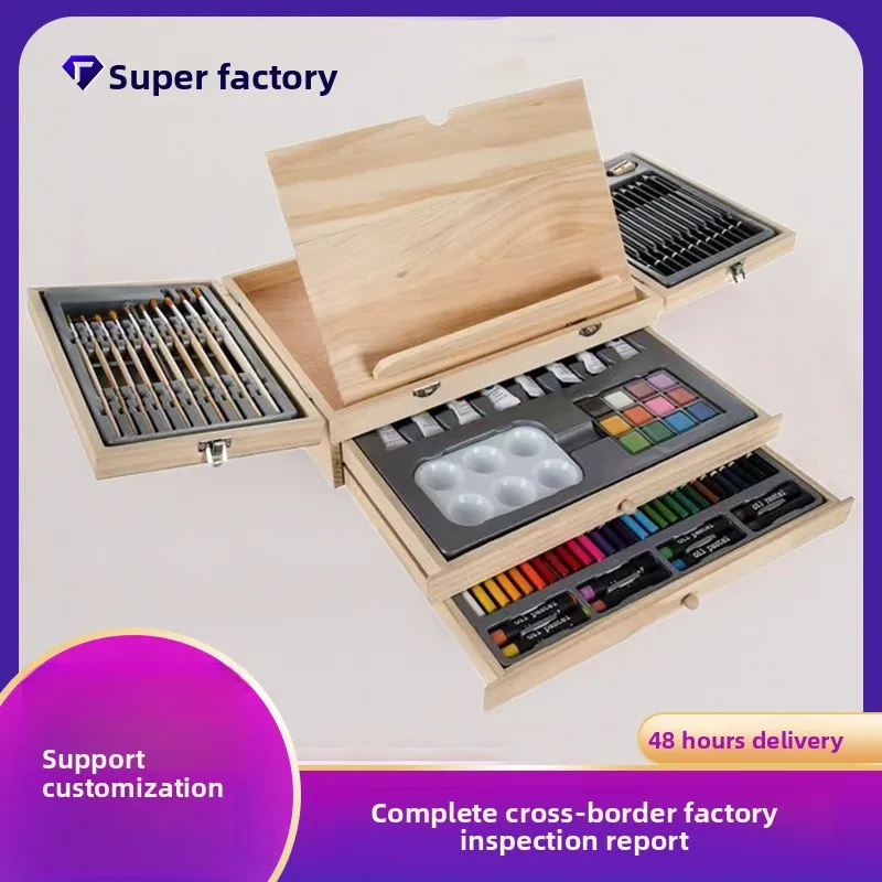 82 Piece Kids Wooden Art Set with Easel Drawing Kit Including Crayons Watercolor Pans Colored Pencils and Brushes for Home and