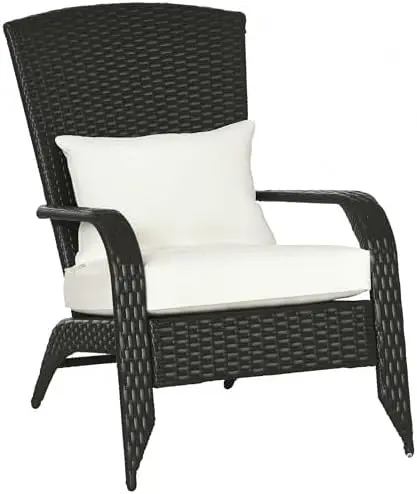 Patio Wicker Adirondack Chair All-Weather Rattan Cream White | All-Weather Rattan Fire Pit Chair, Soft Cushions, Tall