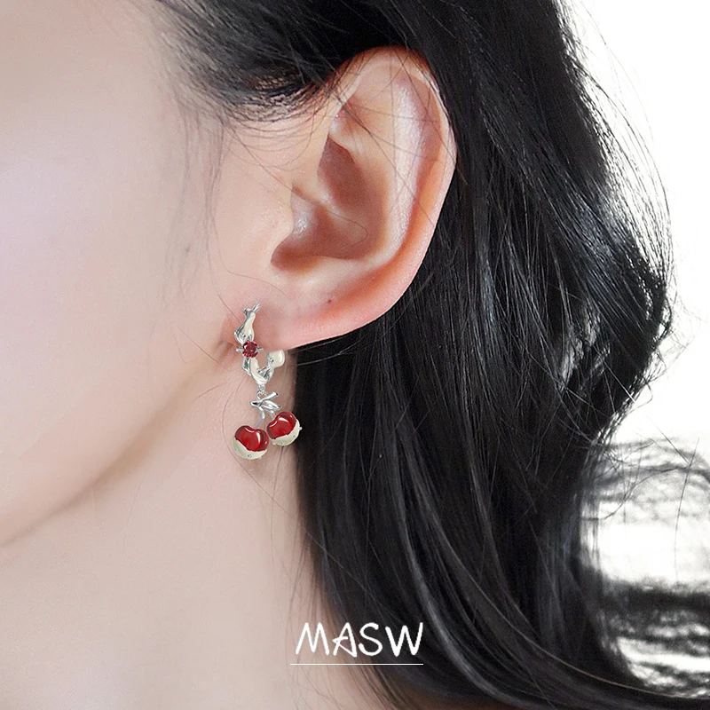 MASW Original Design Colorful Summer Collection Sweet Red Cherry Stud Earrings