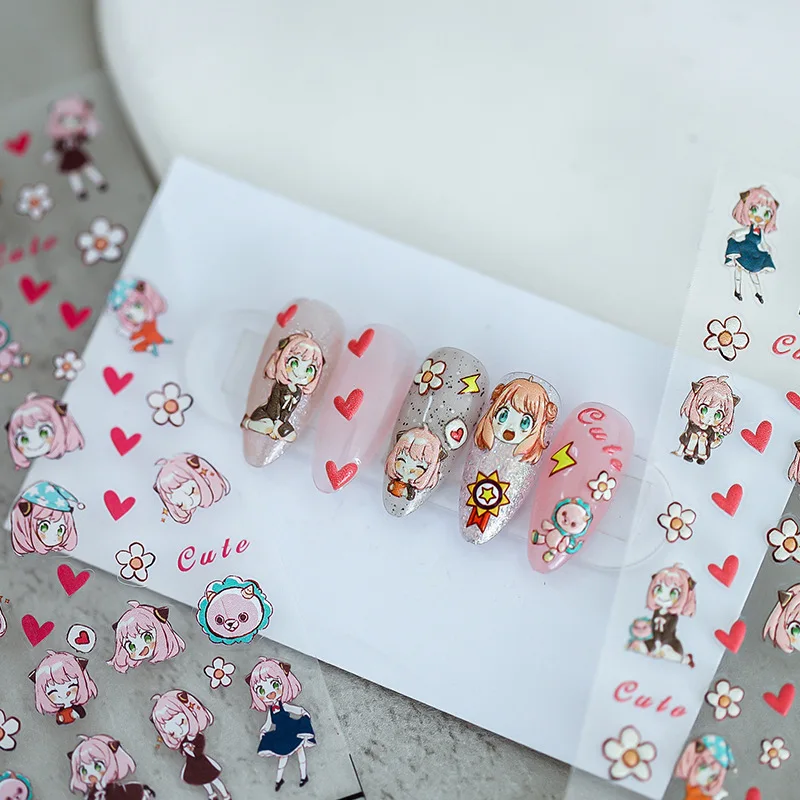 Pegatinas de uñas de la familia Spy, pegatinas de dibujos animados de Anime, artesanía en relieve, deslizador de Arte de uñas fino y resistente,