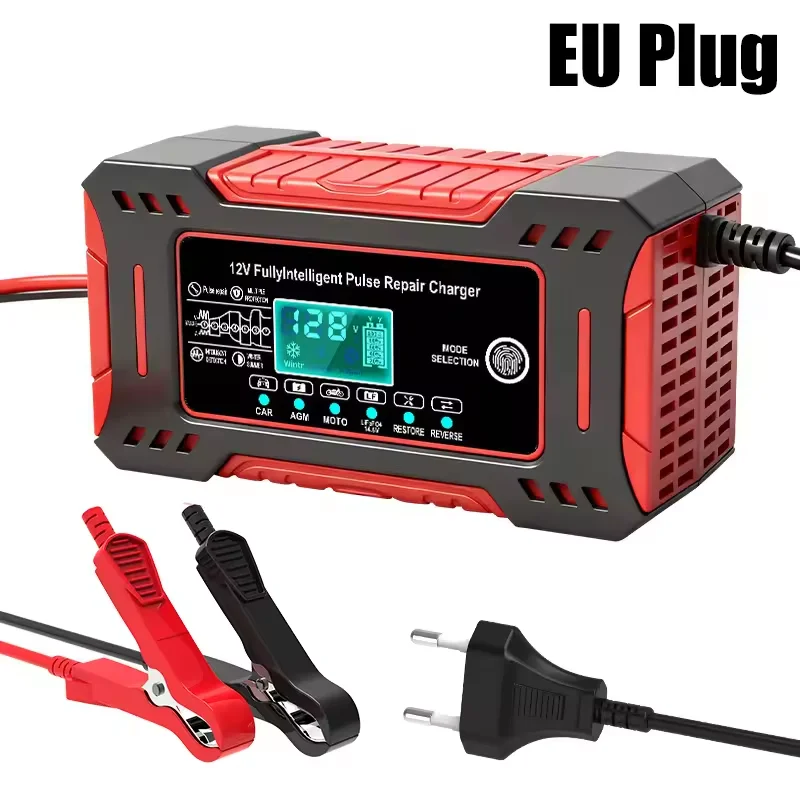 12V 6A Smart Battery Charger with Pulse Repair Function & LCD Display,Suitable for LiFePO4, AGM Batteries of Motorcycles