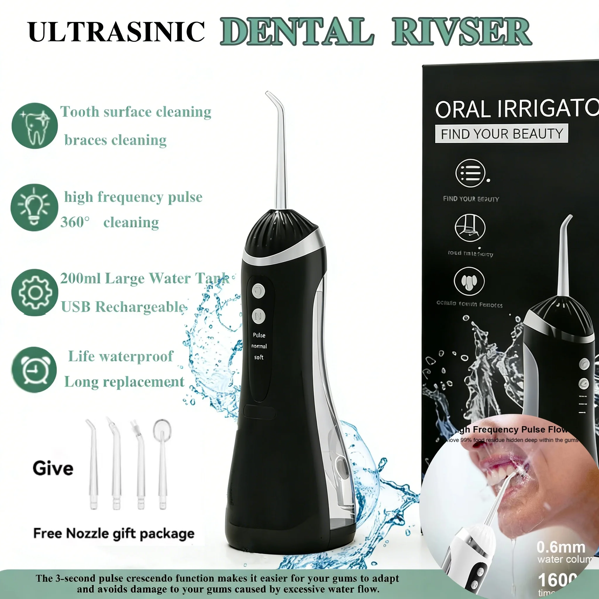 

New Oral Irrigator Water Rechargeable 3 Modes Mouth Washing Machine 200ML Waterproof 4 Nozzels Portable Dental Irrigators