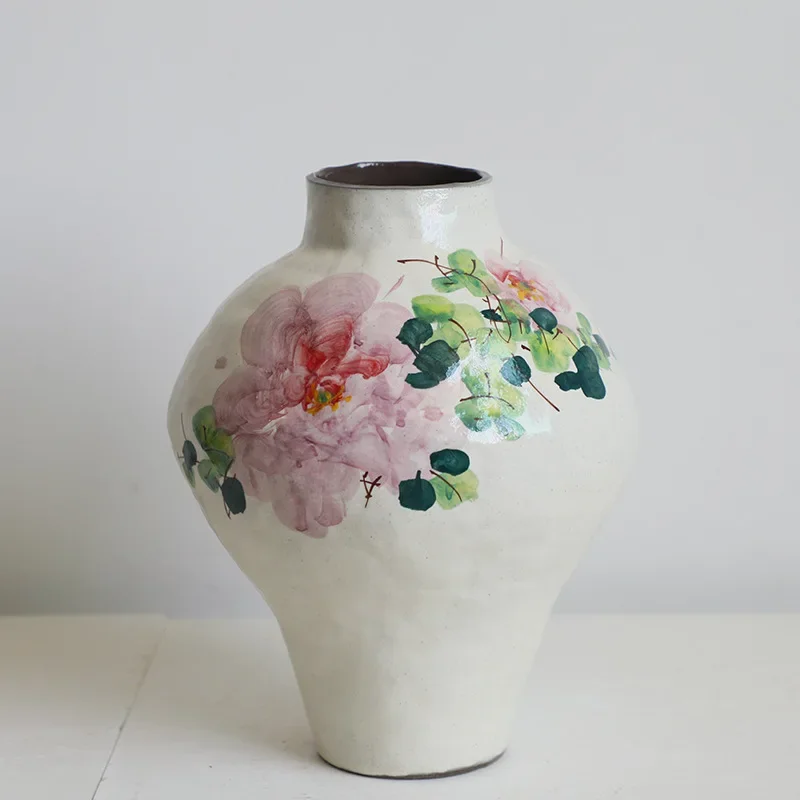 X20Ceramic Vase Handmade Chinese Watercolor Graffiti Flowers Retro Decorative Earthenware Jars Flower Vase Home Decoration