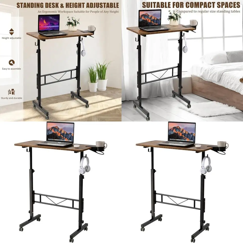 

Portable Rolling Standing Desk with Adjustable Height, Compact Mobile Desk on Wheels for Home and Office, Rustic Brown.