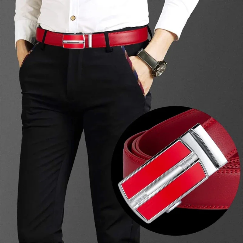 

Plyesxale Red Leather Belt For Men 2024 High Quality Men's Automatic Buckle Business Formal Belts Formal cinturones hombre B274