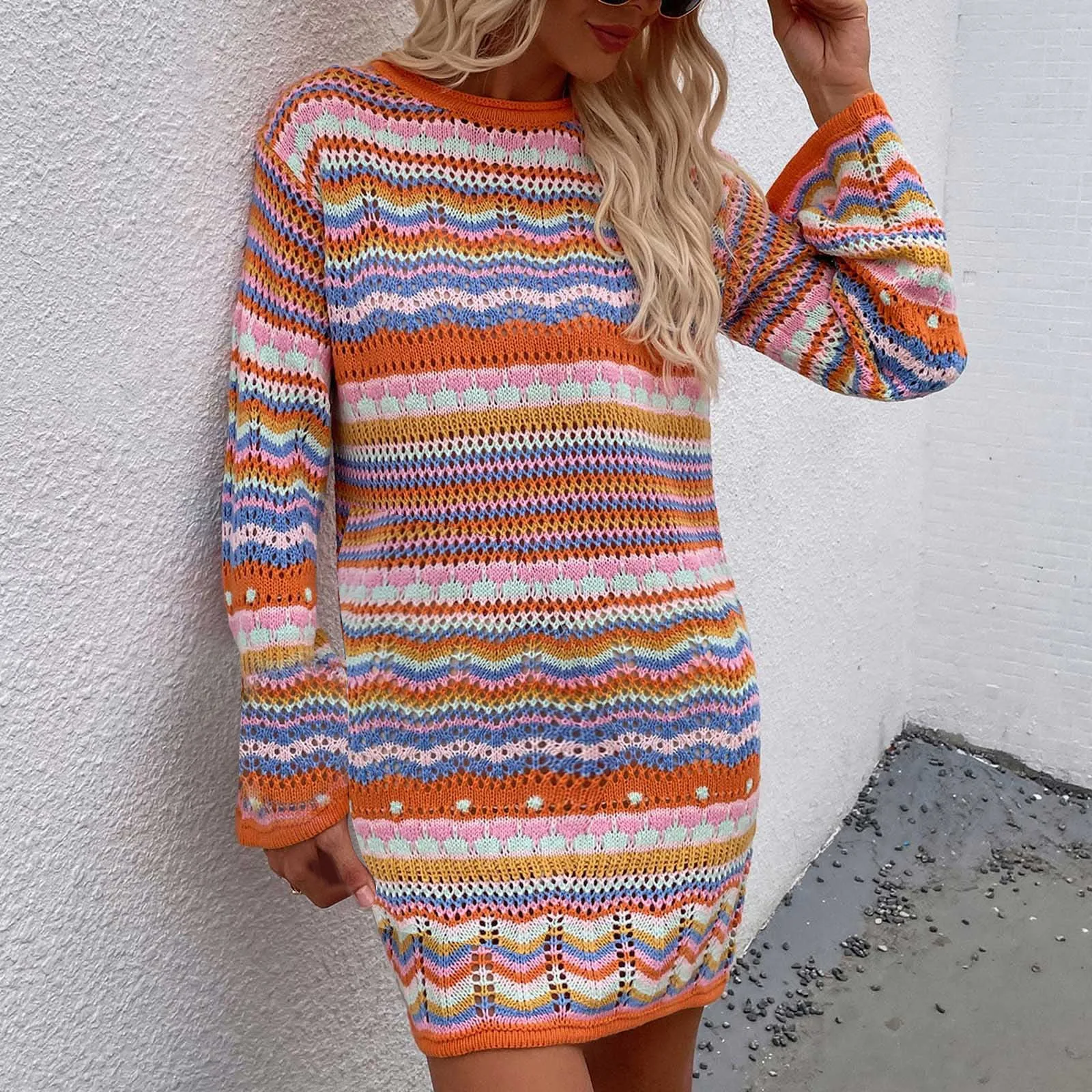 Bohemian Color Block Striped Knit Crochet Sweaters Dress 2024 Autumn Women\'s Long Sleeve Crew Neck Mini Bodycon Dress Streetwear