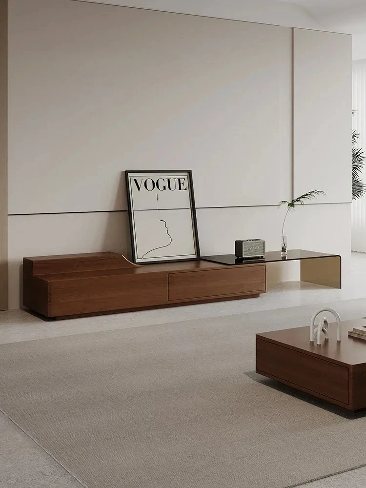 X TV Cabinet And Tea Table Combination Solid Wood Living Room Floor Cabinet Floor Italian Minimalist Retractable Glass