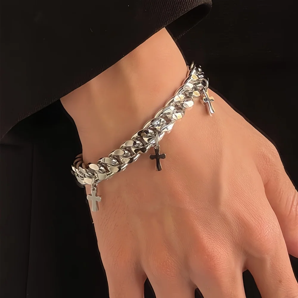 Hip-Hop Raw Cuban Chain Herrenarmband Silberfarben Edelstahl Kreuz-Quasten-Armband Modisches Trendiges Schmuckzubehör – Detail 3