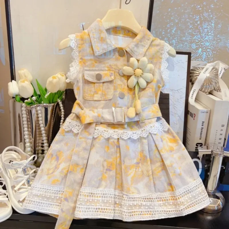 

Summer new style girls' high-end printed soft denim patchwork dress, lace dress, sleeveless denim dress