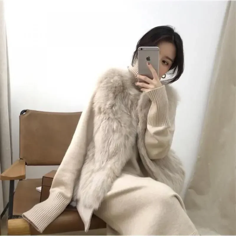 Women Vest Jacket Apricot Thick Faux Fur Autumn Winter Maxi Coat Short Warm Luxury Belt Fur Parkas Bontjas Furry Outerwear Coats