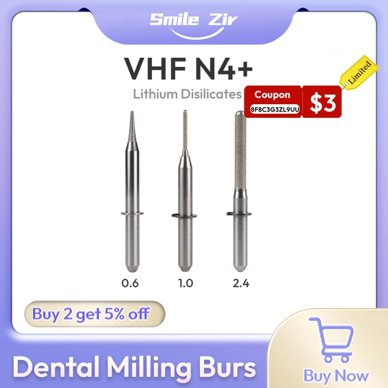 

VHF N4+ Dental Milling Burs for Zirconia PMMA DC NC 0.6/1.0/2.4 Diamond Coating D3 Dental Lab Grinding CAD CAM Grinding Drills