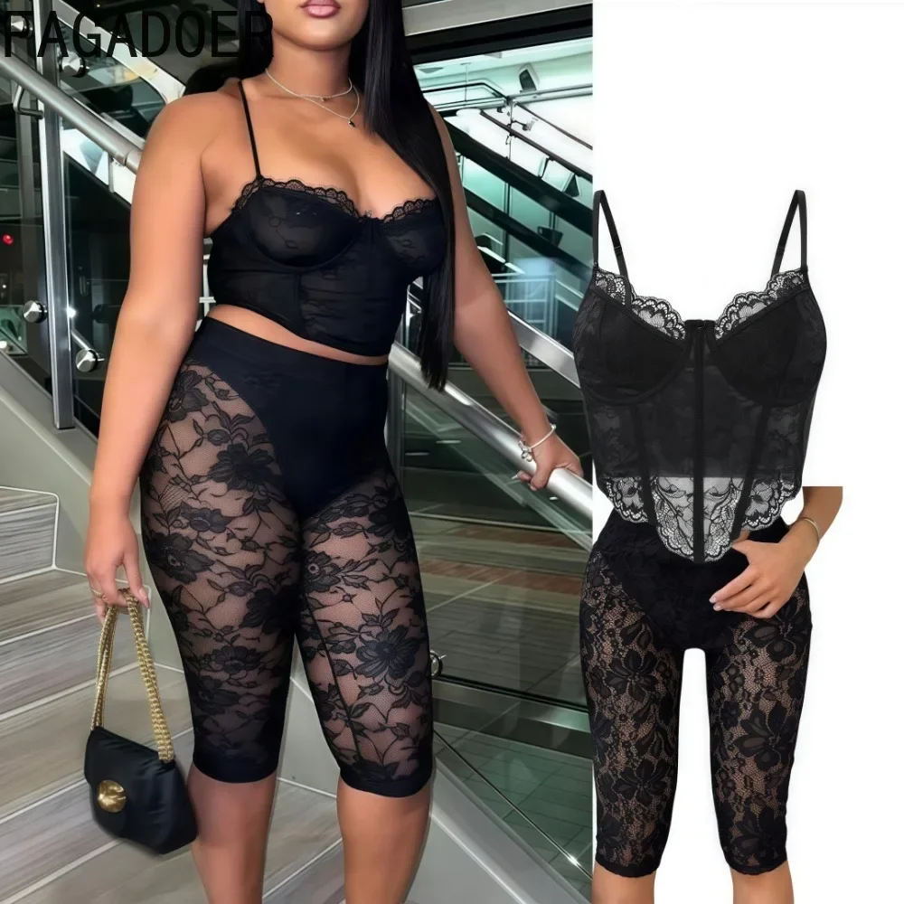 

FAGADOER Y2k Sexy Lace 2 Piece Sets Women Outfit Mesh See Through Spaghetti Strap Crop Top + Leggings Short Suit Female Clubwear