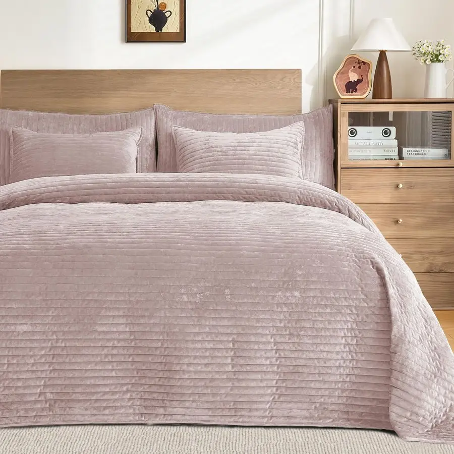 Juego de edredón de terciopelo de lujo tamaño Queen, 3 piezas, suave y acogedor juego de edredón de terciopelo a rayas de gran tamaño con 2 fundas de almohada, funda ligera