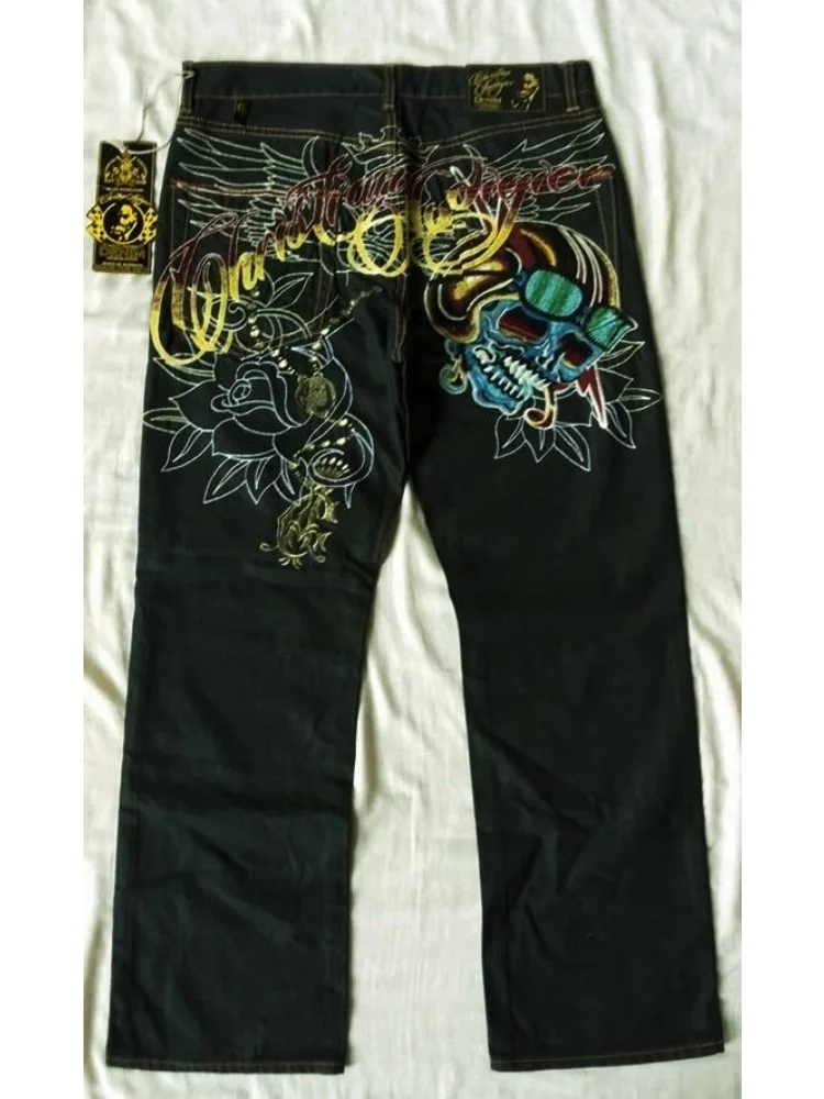

Vintage Skull Head Embroidery Jeans High Waisted Baggy Straight Denim Pant Motorcycle Knight Streetwear Jean Y2k Pants