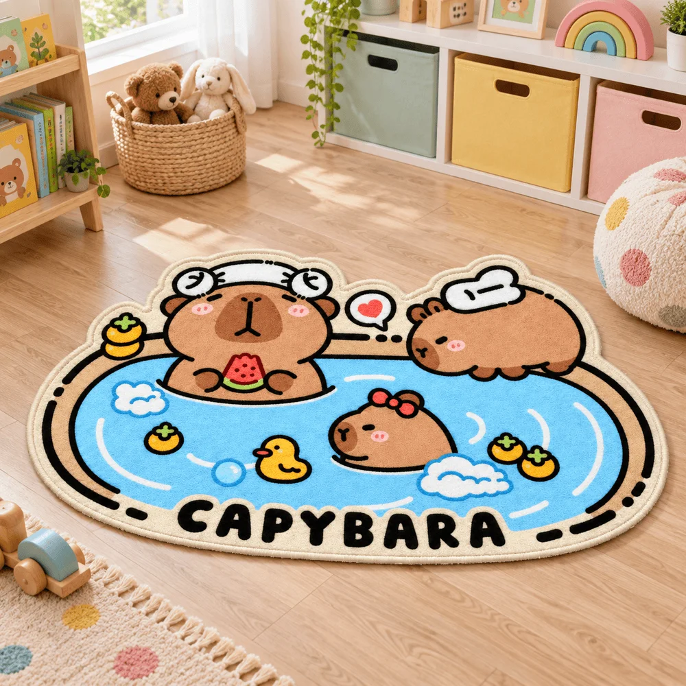 Cute Capybara Pool Shaped Area Rug Soft Flannel Non Slip Floor Mat For Kids Bedroom Nursery Playroom Home Decor Cartoon Gift