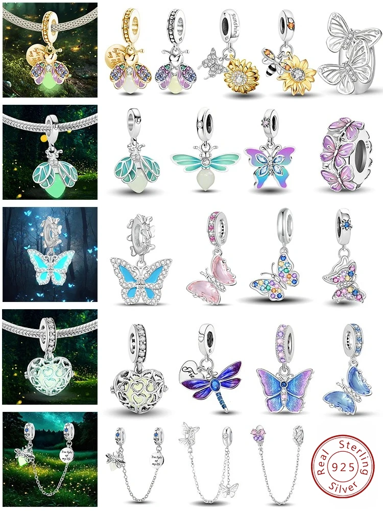 Original 925 Sterling Silver Glowing Luminous Bee Firefly Butterfly Charms Beads Pendant for Bracelet Bangle Charm DIY Jewelry
