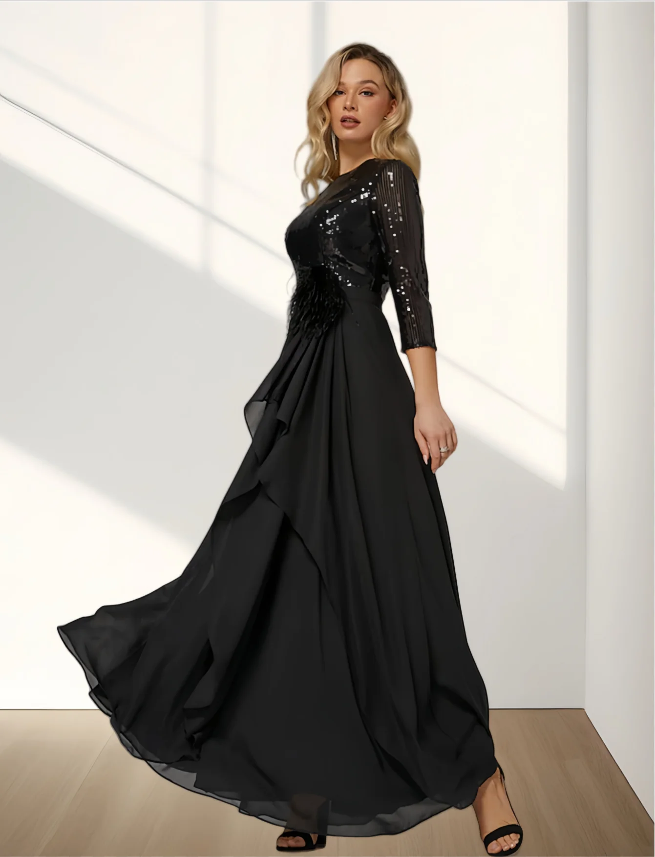 A-Line Evening Gown Elegant Dress Formal Asymmetrical Long Sleeve High Neck Chiffon with Feather Pearls Sequin 2024