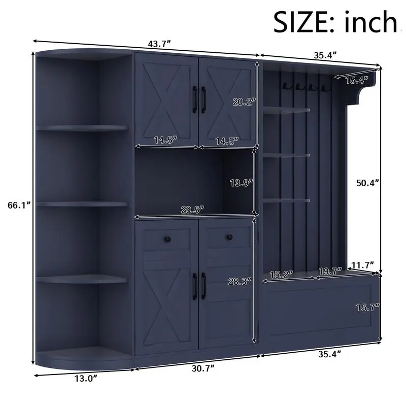 Многофункциональный шкаф для прихожей с местом для хранения вещей и 4 крючками, дерево для прихожей 2 в 1 для гостиной, кухни и прихожей, античный синий цвет