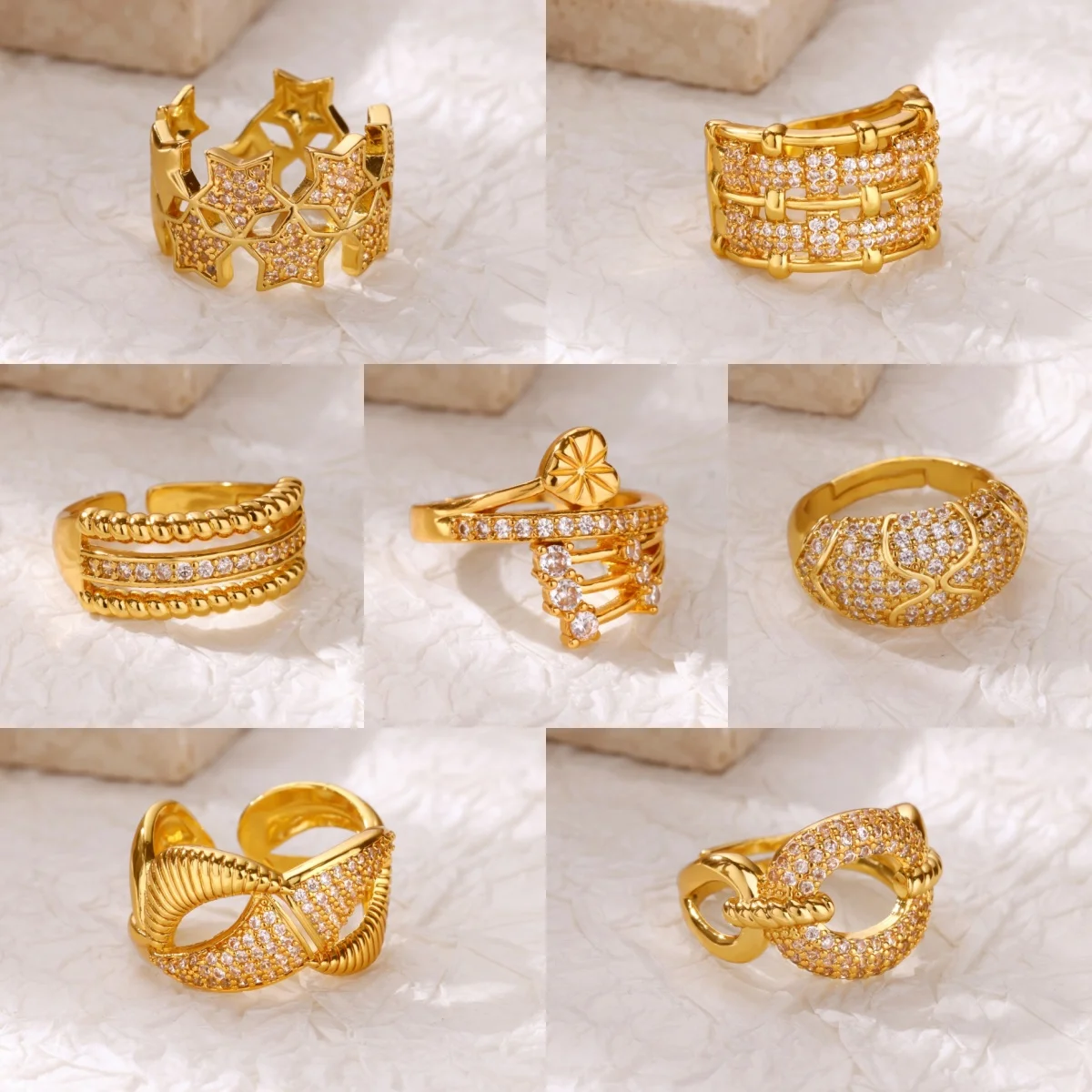 Multiple Stars Zirconia Designer Gold Color Cupid Heart Opening Ring Women Stackable Ring Engagement Party Jewelry Lovely Gift