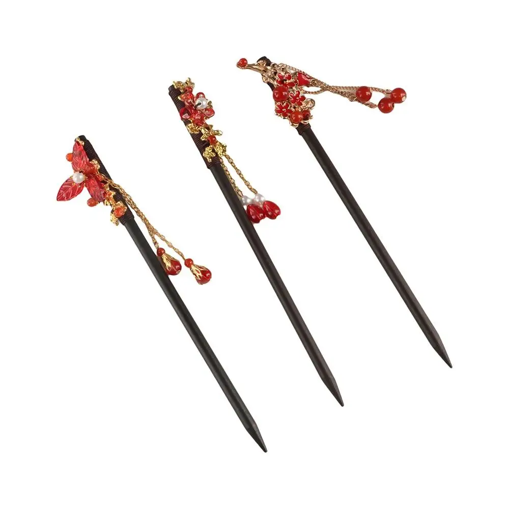 Vintage Retro Red Hair Stick Ancient Style Handmade Red Rose Fringe Hairpin Multifunction Senior Sense Chinese Hairpin Headwear