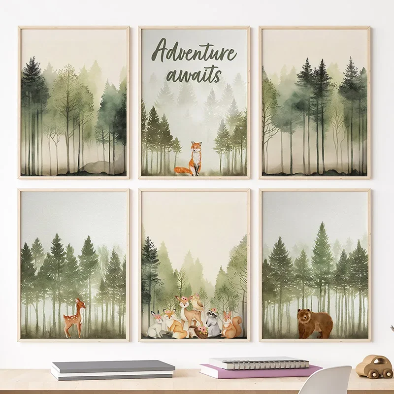 Woodland Animals Forest Sage Green Nursery Adventure Wall Art Canvas Painting Nordic Posters Prints Wall Picture Kids Room Decor