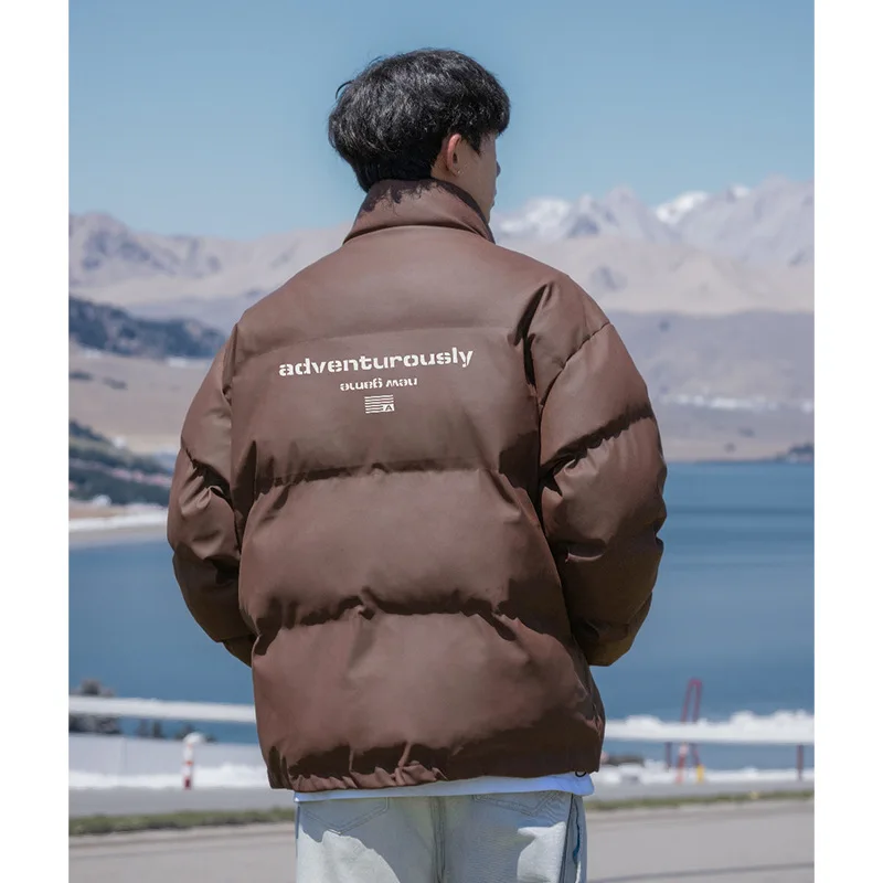 

PU Leather Letter Print Cotton Down Jacket Men Winter Warm Stand Collar Thick Coat Streetwear двухсторонняя куртка AU-235