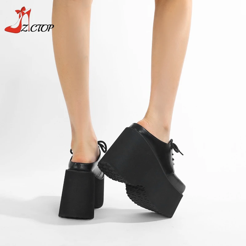 Black Platform Sandals Wedge High Heels Women Closed Toe Chunky Slippers Mules Outdoor Slip On Gothic Punk Shoes Big Size 42 43