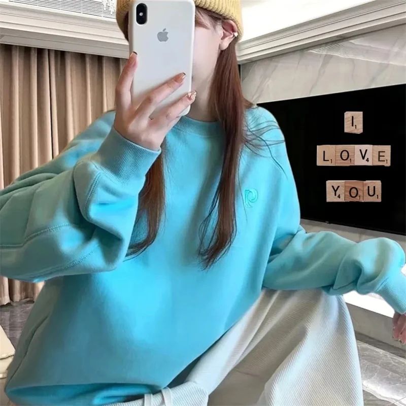 가을 여성 자수 루즈 후드티 봄 여성 라운드넥 스포츠 셔츠 탑 한국 여성 신상 긴팔 스웨트셔츠