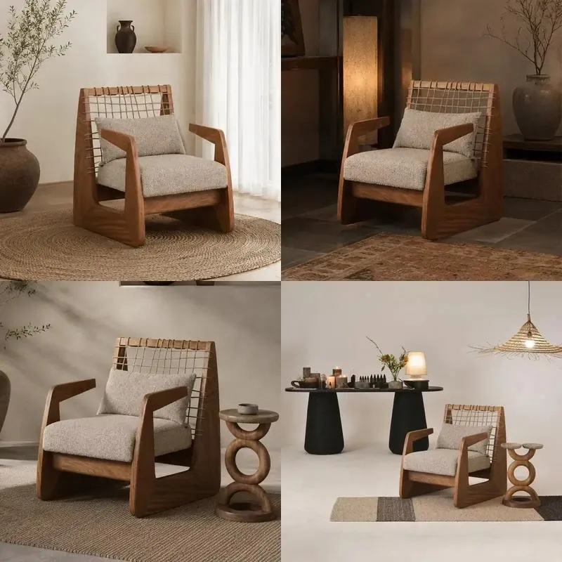 Luxury Solid Wood Single Sofa Chair Modern Casual Soft Cloth Cushion for Bedroom Living Room Customizable