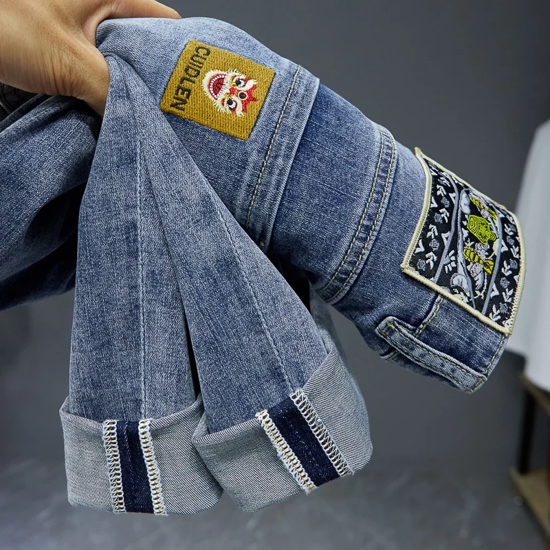 Jeans Men's 2024 Summer Thin Ins Chinese Style Embroidery High-End Fashion All-Match Slim-Fitting Small Straight Cropped Pants