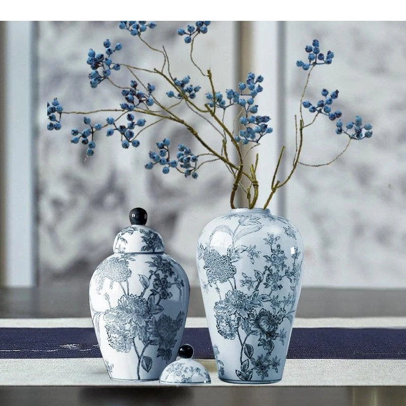 Floral Texture Blue and White Porcelain General Jar Ginger Sealed Tea Canister Candy Pots Desk Decoration Flower Arrangement