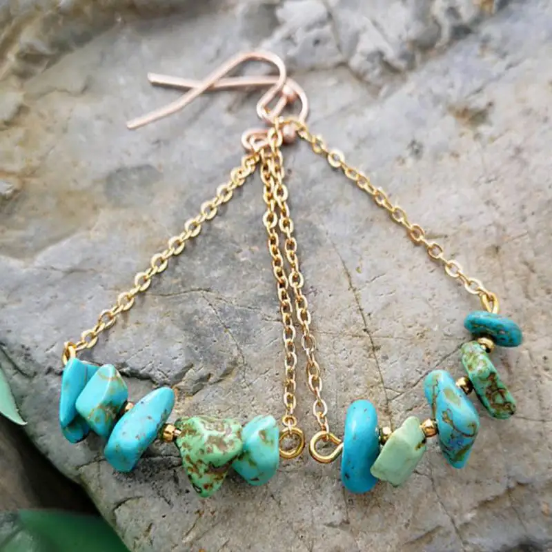 

Handmade natural blue turquoise gravel earrings Beaded Chandelier Casual Hoop Party Unisex Clip-on Silver Art Ear Cuff Handmade