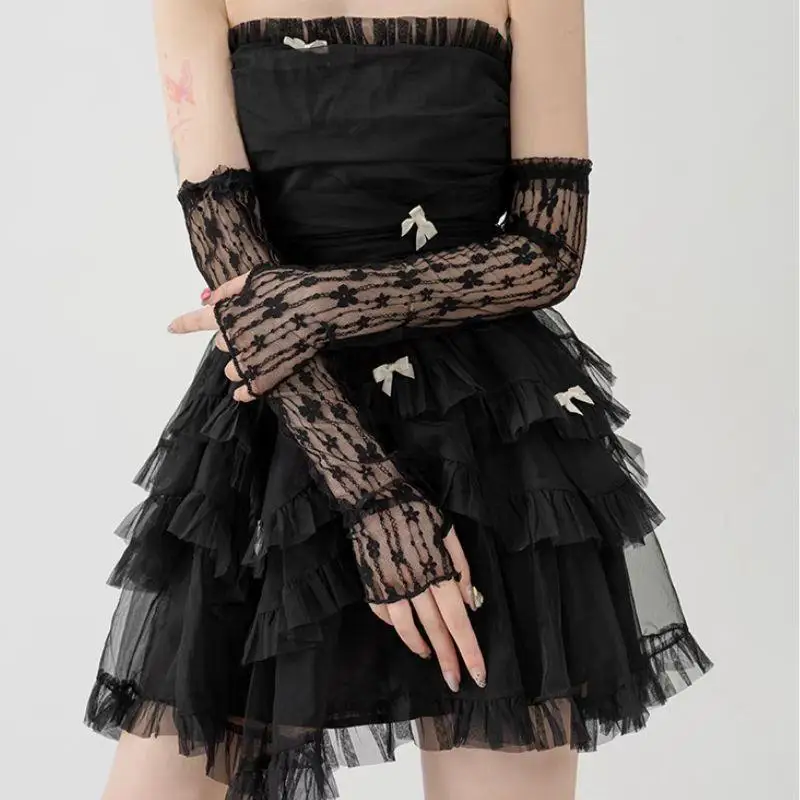 2025 ฤดูร้อนลูกไม้ดอกไม้ยาว Fingerless ถุงมือผู้หญิงแขนป้องกันดวงอาทิตย์ถุงมือแขนครีมกันแดด Uv Breathable Mittens