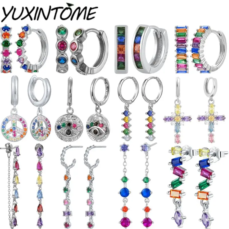 

925 Sterling Silver Needle Women's String Color Zircon Silver Series Earrings Pendant Casual Fashion Hoop Earrings Accessories