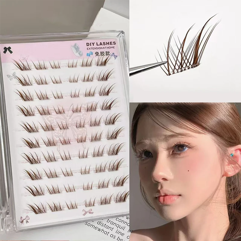 10 Rows Fluffy False Eyelashes Reusable DIY Self-adhesive Segmented Thick Winged Lash Extension Fox Eye Effect Daily Use