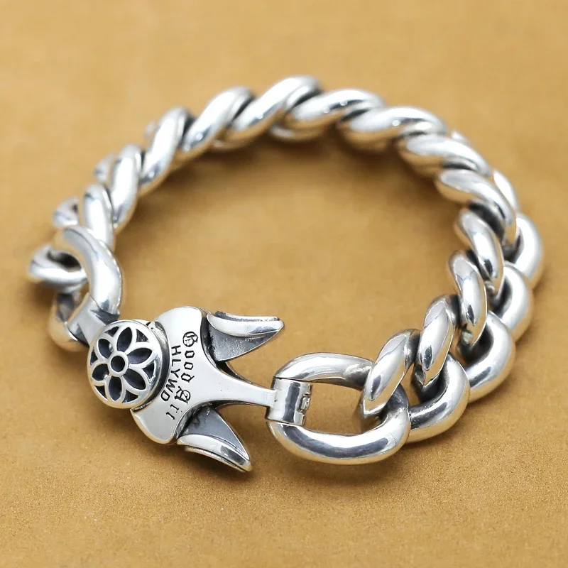 

Sterling Silver Fashion Art Cherry Blossom Men's Bracelet Retro Domineering Hipster Good Simple Chain Punk Luxury Gift