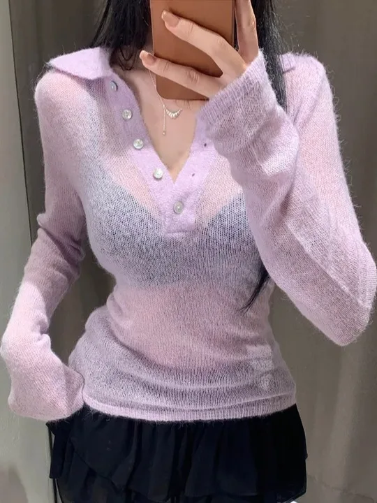 

Retro Ne Long Sve Knitted Sweater Women's Gentle Sle See-tough Autumn New Arrival Youthful Sweater for Girls